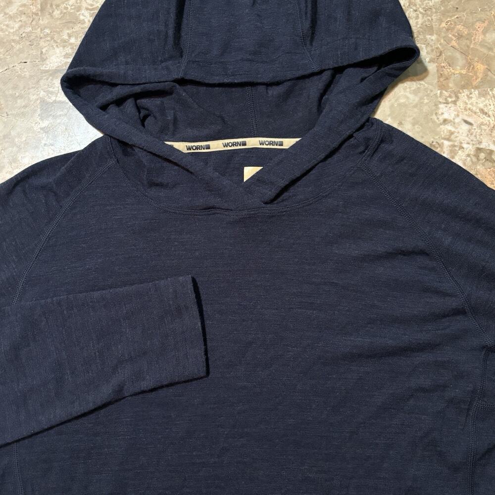 Worn Brand Merino Hoodie Mens Medium Blue Cloudbase Wool Outdoor Hiking Hudson